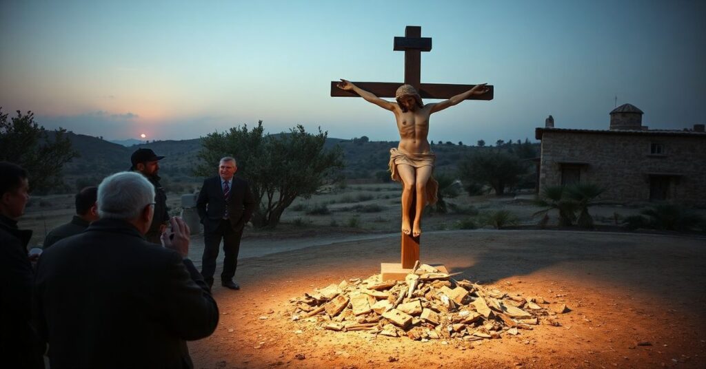 Obraz przedstawiający profanację figury Jezusa w południowym Libanie przez izraelskiego żołnierza w kwietniu 2026 roku.