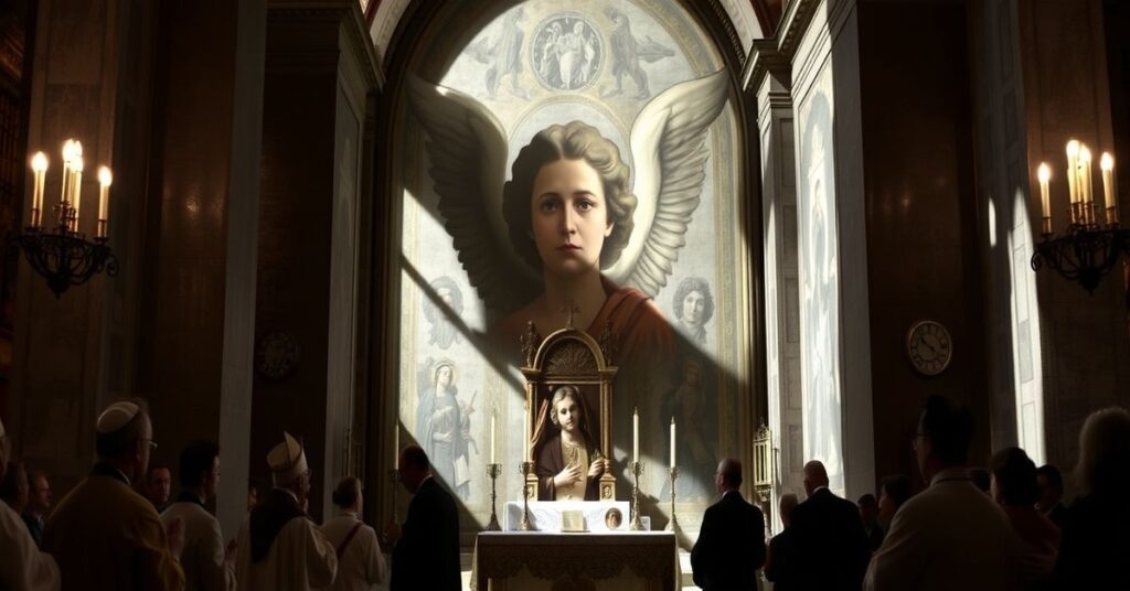 Wnętrze bazyliki San Lorenzo in Lucina z fragmentem fresku przedstawiającego anioła z twarzą Giorgii Meloni.