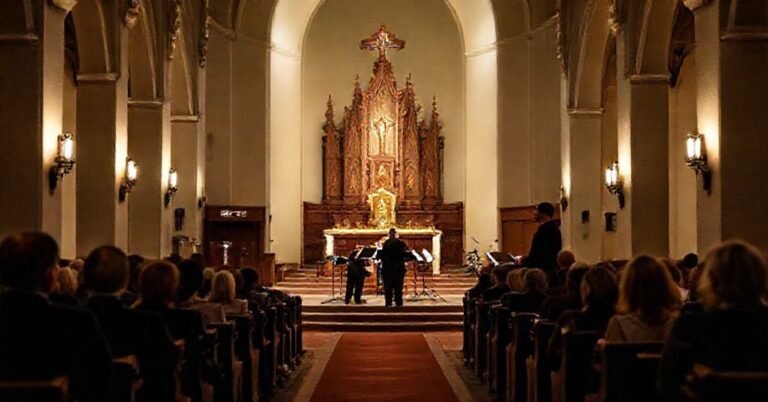 Wnętrze gorzowskiej świątyni podczas koncertu festiwalu muzycznego Katedra 2025. Kwartet smyczkowy gra na scenie wiii niedzieli adwentu (Gaudete), na tle ołtarza.