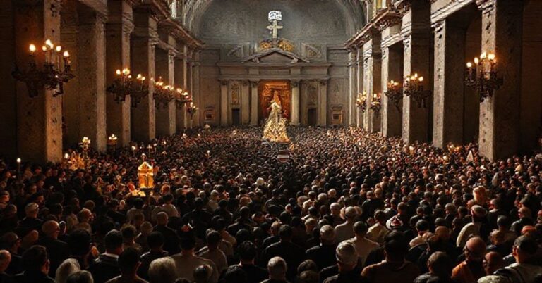 Tradycyjne katolickie przedstawienie profanacji grobów apostolskich św. Piotra i Pawła podczas symkretycznych uroczystości po Soborze Watykańskim II.