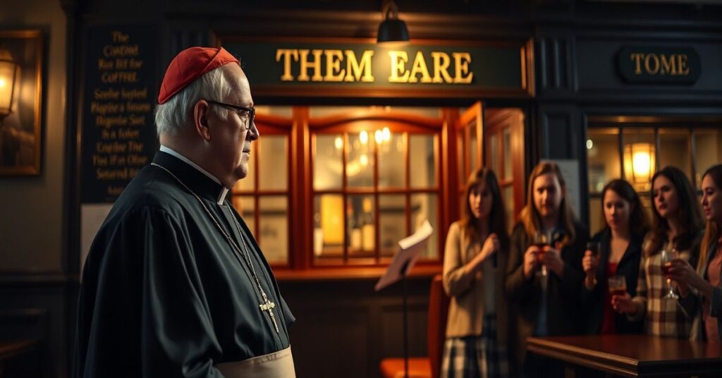 Mężczyzna w tradycyjnym stroju katolickim stoi przed pubem, patrząc z nieapprobaty na młodych ludzi śpiewających hymny mszałkowe z napojami w ręku.