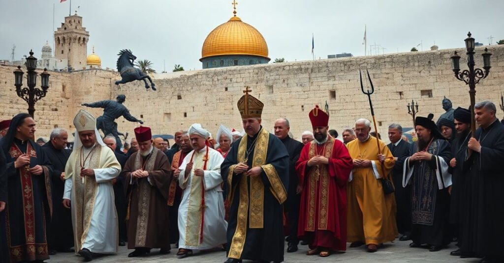 Solemne zdjęcie przedstawiające profanację Jerozolimy podczas ekumenicznego jubileuszu w 2033 roku z udziałem różnorodnych przywódców religijnych, w tym uzurpatora 'Leona XIV'