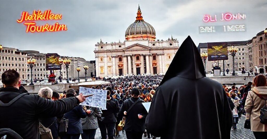 Pielgrzymi maszerujący przez Most Aniołowski w Rzymie podczas "Jubileuszu Turystyki", z przewodnikami i turystami zamiast kapłanów i wierzących.