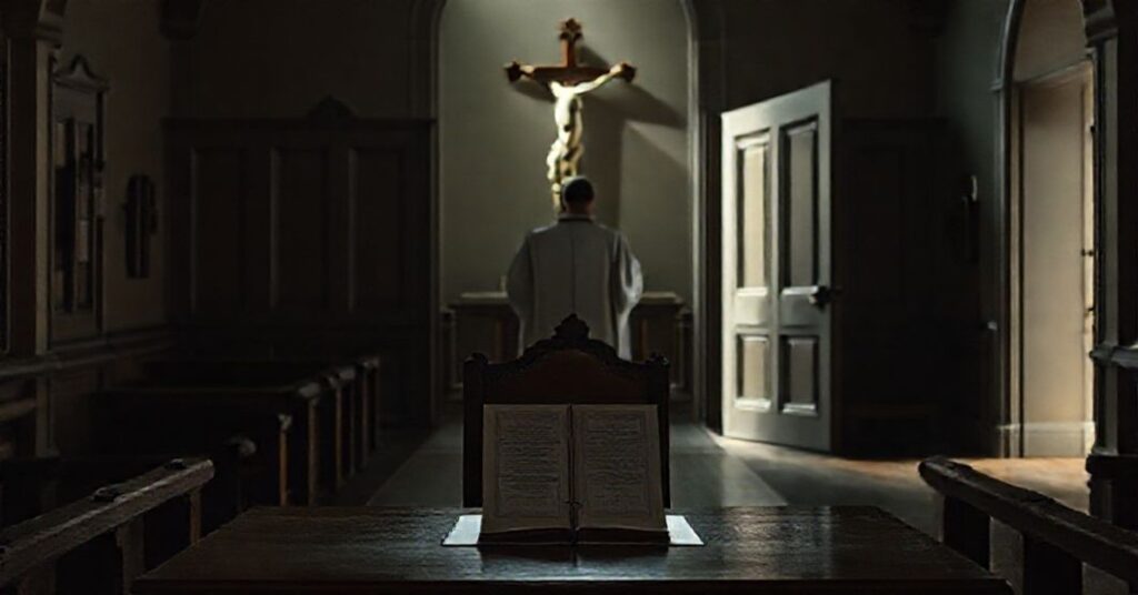 Wnętrze tradycyjnego kościoła katolickiego z pustym krzesłem biskupa i zamkniętym aktaem procesu kanonizacyjnego na drewnianym stole. W tle widnieje krucyfiks przy słabym oświetleniu. Postać 'Biskupa' Sławomira Odera w nowoczesnym stroju kapłańskim stoi w drzwiach, odwrócona od ołtarza. Scena symbolizuje profanację procesów kanonizacyjnych przez neo-konyliarny Kościół.