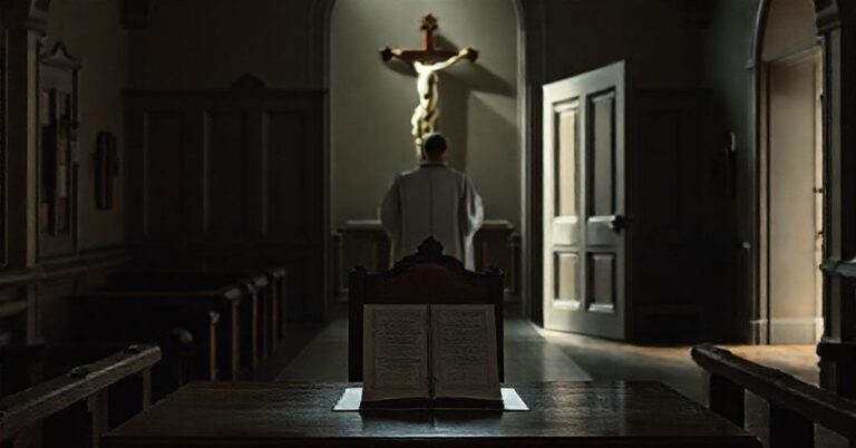 Wnętrze tradycyjnego kościoła katolickiego z pustym krzesłem biskupa i zamkniętym aktaem procesu kanonizacyjnego na drewnianym stole. W tle widnieje krucyfiks przy słabym oświetleniu. Postać 'Biskupa' Sławomira Odera w nowoczesnym stroju kapłańskim stoi w drzwiach, odwrócona od ołtarza. Scena symbolizuje profanację procesów kanonizacyjnych przez neo-konyliarny Kościół.