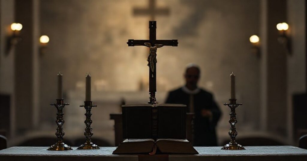 Obraz przedstawiający tradycyjny katolicki ołtarz z krzyżem i modlitewnikiem, symbolizujący prawdziwe kapłaństwo w kontrastie z nowoczesnym tłem reprezentującym nowomodernistyczną profanację.