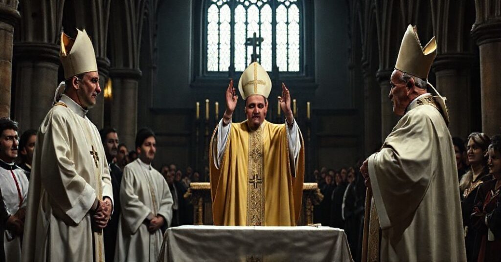 Wnętrze legnickiej katedry podczas domniemanego "święcenia" diakonów na kapłanów przez fałszywego biskupa. Scena jest poważna, z gotycką architekturą na tle. Diakoni, ubrani w nowoczesne, niekonsekrowane ornaty, stają przed ołtarzem, podczas gdy zaskakowana kongregacja obserwuje. Fałszywy biskup, noszący nowoczesny czepiec i mitrę, unosi ręce w zniekształconym gestie błogosławieństwa. Atmosfera jest głębokim duchowym przerażeniem, z przyciemnionym oświetleniem podkreślającym profanacyjny charakter wydarzenia. Twarze uczestników wyrażają zamieszanie i zaniepokojenie, odzwierciedlając powagę popełnianej herezji.