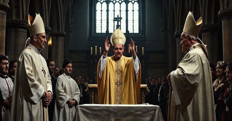 Wnętrze legnickiej katedry podczas domniemanego "święcenia" diakonów na kapłanów przez fałszywego biskupa. Scena jest poważna, z gotycką architekturą na tle. Diakoni, ubrani w nowoczesne, niekonsekrowane ornaty, stają przed ołtarzem, podczas gdy zaskakowana kongregacja obserwuje. Fałszywy biskup, noszący nowoczesny czepiec i mitrę, unosi ręce w zniekształconym gestie błogosławieństwa. Atmosfera jest głębokim duchowym przerażeniem, z przyciemnionym oświetleniem podkreślającym profanacyjny charakter wydarzenia. Twarze uczestników wyrażają zamieszanie i zaniepokojenie, odzwierciedlając powagę popełnianej herezji.