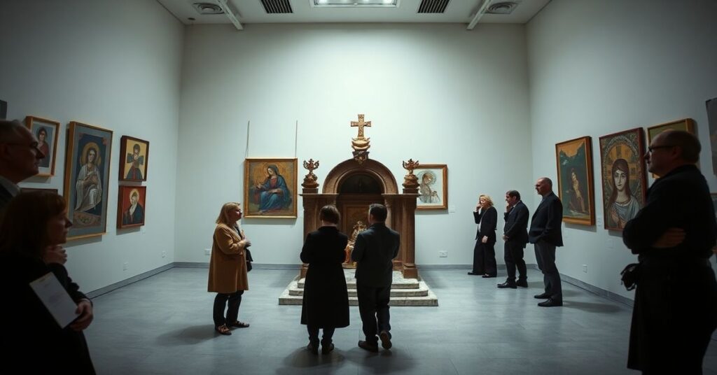 Zdjęcie przedstawia profanację sakrum na Biennale Sztuki na Malcie w 2026 roku. Miniaturowa kopia Kaplicy Sykstyńskiej autorstwa Maurizio Cattelana stoi w galeri sztuki otoczona obojętnymi widzami. Scena symbolizuje degradację kultury i modernistyczne zniekształcenie świętego.