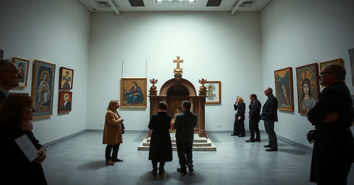 Zdjęcie przedstawia profanację sakrum na Biennale Sztuki na Malcie w 2026 roku. Miniaturowa kopia Kaplicy Sykstyńskiej autorstwa Maurizio Cattelana stoi w galeri sztuki otoczona obojętnymi widzami. Scena symbolizuje degradację kultury i modernistyczne zniekształcenie świętego.