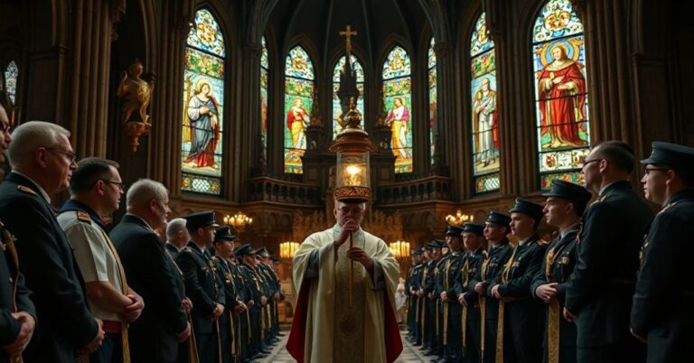 Katedra gnieźnieńska podczas synkretycznej ceremonii z Betlejemskim Światłem Pokoju, biskup Orchowicz w stroju liturgicznym trzyma płomień gazowy otoczony przez harcerzy.