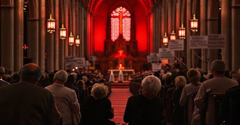 Wnętrze katedry katolickiej oświetlone czerwonym światłem podczas kampanii "Dzieciństwo bez przemocy", rodzina modli się w tle uczestników akcji