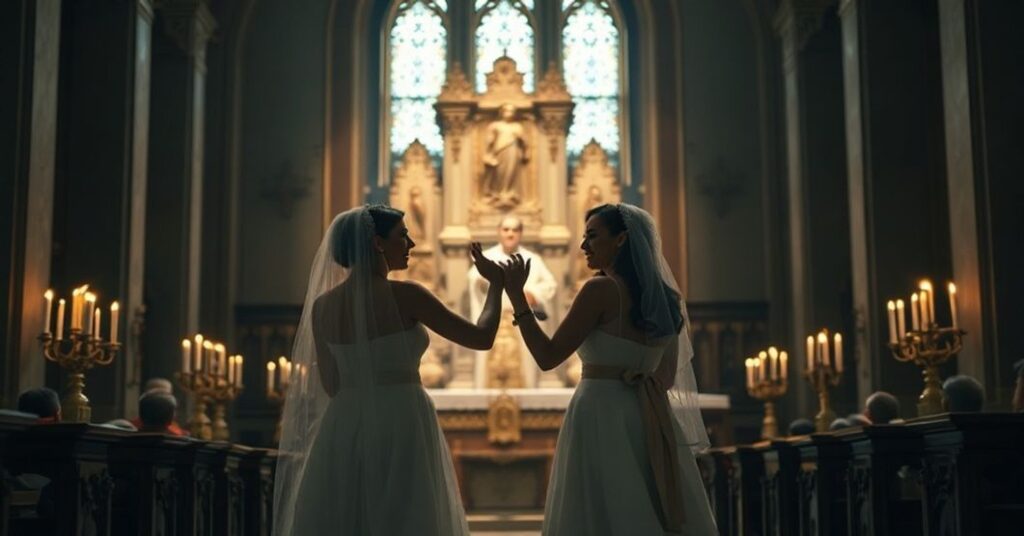 Wnętrze katedry San Isidro w Argentynie podczas profanacji - dwie kobiety w stroju ślubnym przed fałszywym 'kapłanem' w obecności Najświętszego Sakramentu.