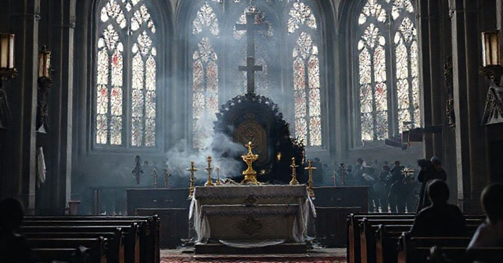 Wnętrze katolickiego kościoła z częściowo spalonym ołtarzem i hostią w monstrancji, symbolizujące profanację miejsc kultu w Kanadzie.