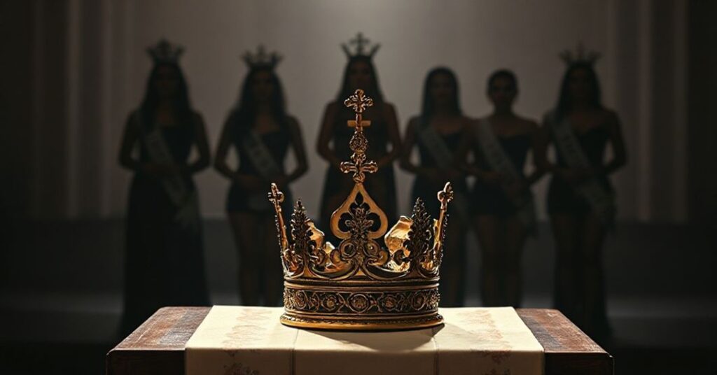 Poważne zdjęcie przedstawiające ołtarz katolicki z zanieczyszczoną koroną i zniekształconym wizerunkiem Matki Bożej z Aparecidy na tle uczestniczek konkursu Miss Universe.