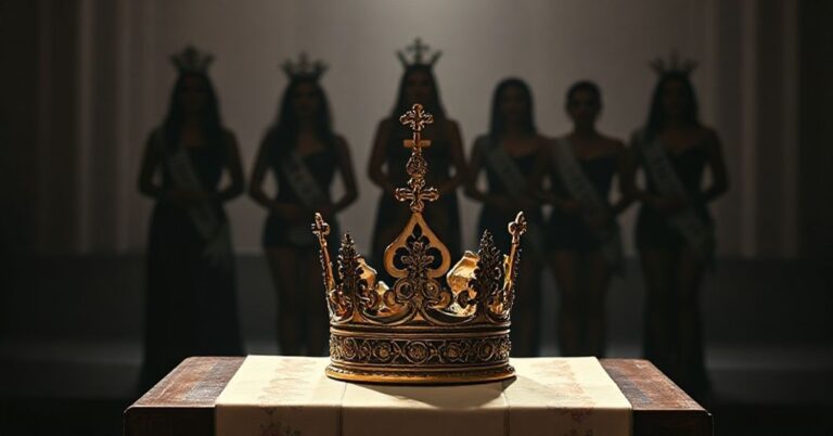 Poważne zdjęcie przedstawiające ołtarz katolicki z zanieczyszczoną koroną i zniekształconym wizerunkiem Matki Bożej z Aparecidy na tle uczestniczek konkursu Miss Universe.