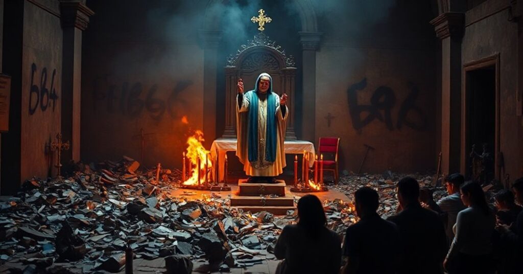 Scena przedstawiająca profanację figury Matki Bożej z Luján w Argentynie i spaloną kaplicę z satanistycznym graffiti. Wierni modlą się w żalu.