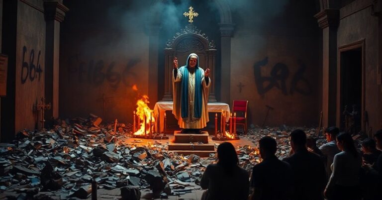 Scena przedstawiająca profanację figury Matki Bożej z Luján w Argentynie i spaloną kaplicę z satanistycznym graffiti. Wierni modlą się w żalu.