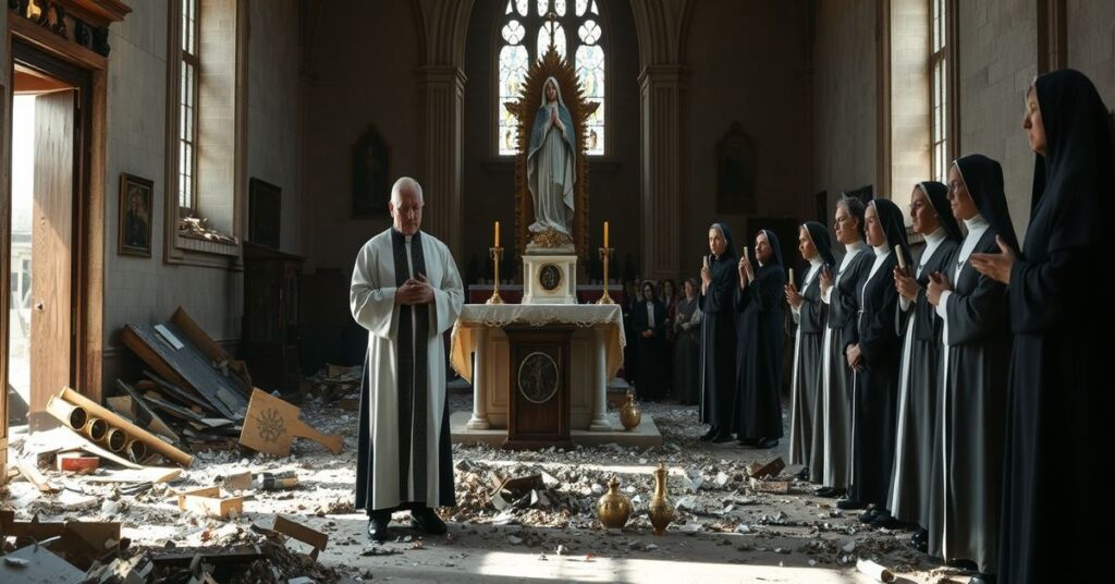 Zniszczony wnętrze katolickiego kościoła z rozbitym posągiem Matki Boskiej i przewróconym tabernakulum. Biskup pomocniczy Marc Trudeau i ksiądz Peter Irving modlą się w otoczeniu sióstr karmelitańskich w habitach. Scena przedstawia poważność profanacji.