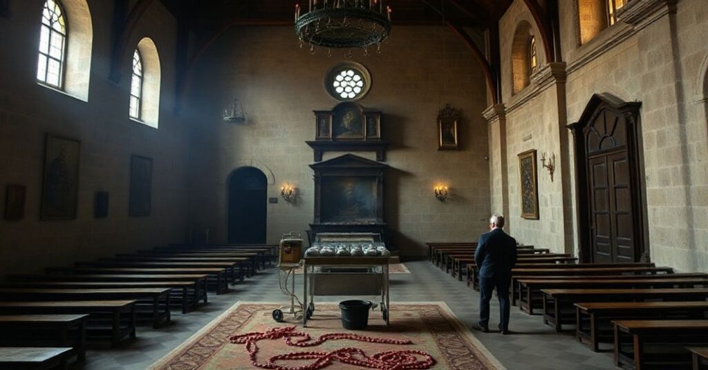 Wnętrze klasztoru Lérez z escape roomem i grillowaniem jako symbol profanacji tradycyjnego duchowieństwa katolicyzmu.