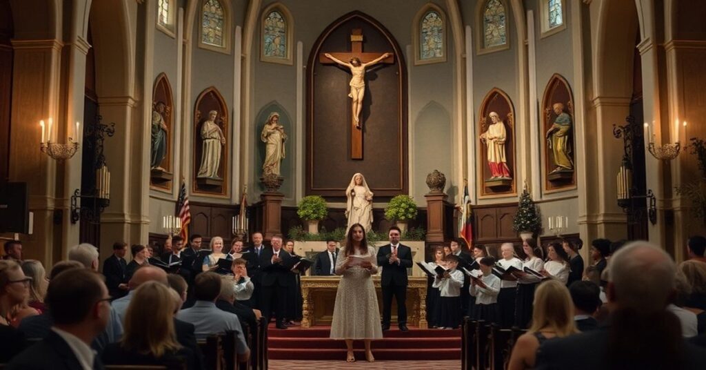 Scena w kościele Najświętszego Serca Pana Jezusa w Kętach podczas koncertu Golec uOrkiestra z udziałem Edyty Golec i "ks." Jerzego Musiałka. Dzieci na ołtarzu podczas występów zespołu.