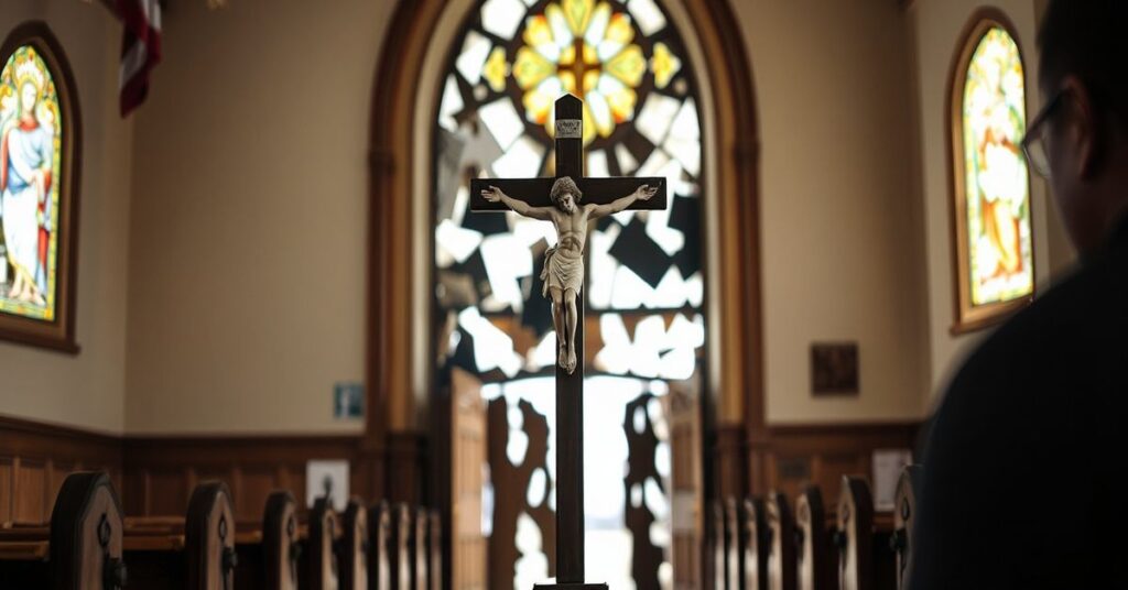 Wnętrze katolickiego kościoła w St. Paul, Minnesota, po profanacji przez Don Lemon i aktywistów Black Lives Matter - zdjęcie pokazujące zniszczenia i splądrowane wnętrze kościoła.