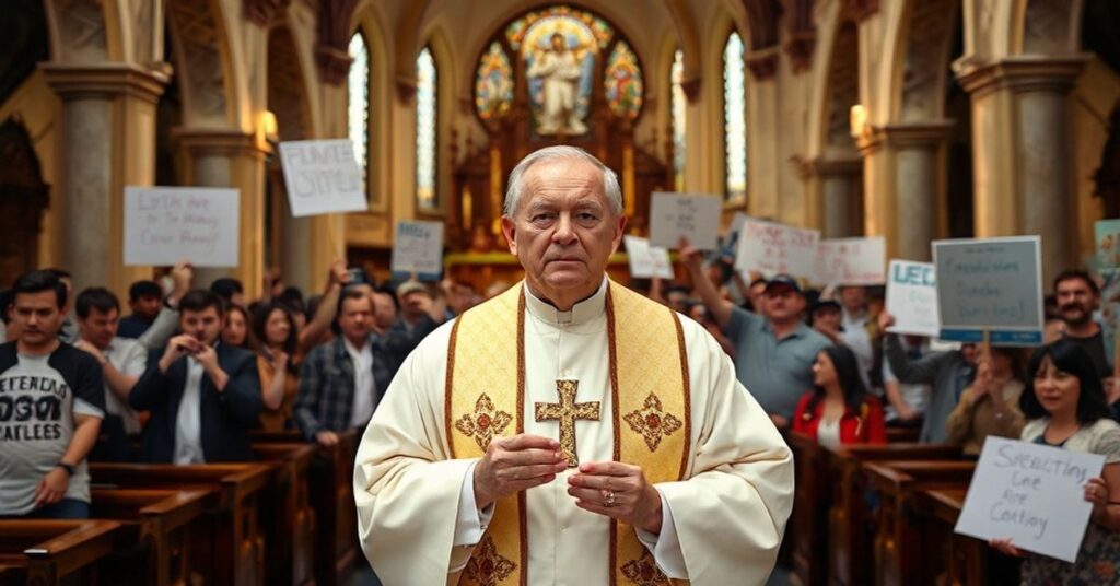 Wnętrze tradycyjnego kościoła katolickiego podczas mszy świętej, gdzie protestanci kierowani przez Dona Lemona naruszają nabożeństwo.