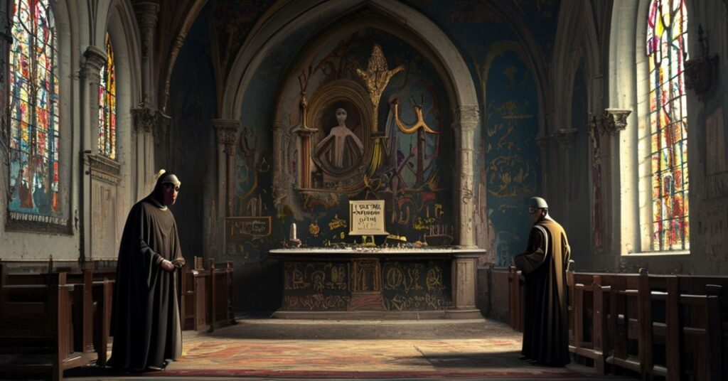 Zdjęcie przedstawiające profanację kościoła w Poznaniu w 2026 roku z satanistycznymi symbolami i obscenicami na murach.