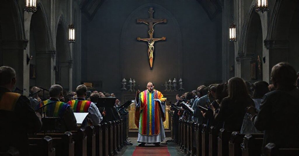 Ciemne wnętrze kościoła podczas kontrowersyjnej mszy z udziałem osób LGBT, w tle słabo widoczny krzyż. Scena oddaje głęboki smutek i krzywdę wiary katolickiej.