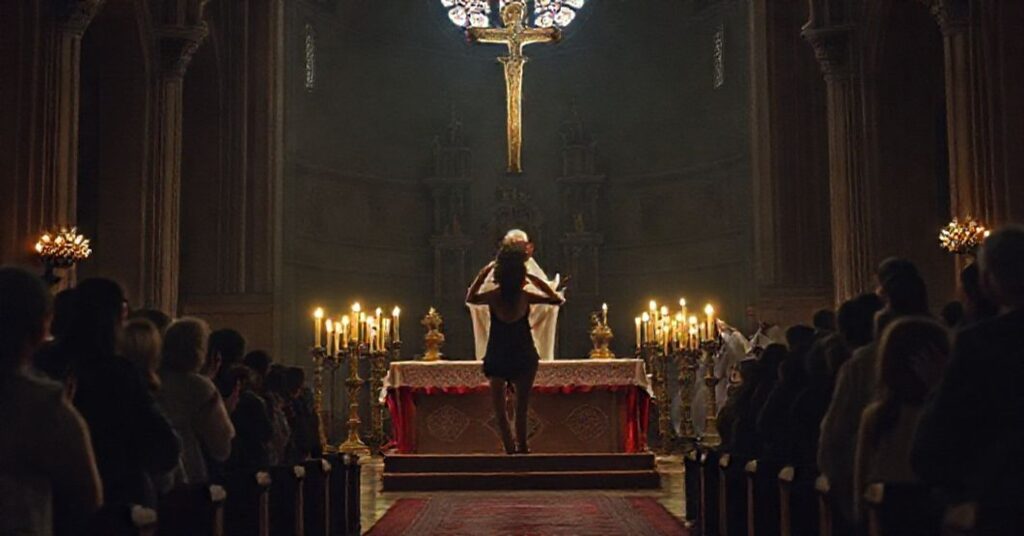 Wnętrze kościoła w Secyminie po profanacji przez Lunę Wielgomas. Ołtarz splugawiony podczas bluźnierczego występu. Przerażeni wierni i zatroskany kapłan.