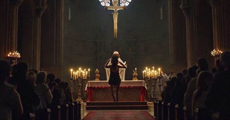 Wnętrze kościoła w Secyminie po profanacji przez Lunę Wielgomas. Ołtarz splugawiony podczas bluźnierczego występu. Przerażeni wierni i zatroskany kapłan.