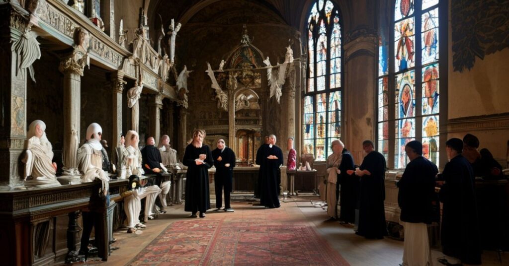 Zdjęcie przedstawiające profanację kościoła św. Sylwestra na Staten Island z pokrzywdzonymi posągami aniołów i zdewastowanym ołtarzem