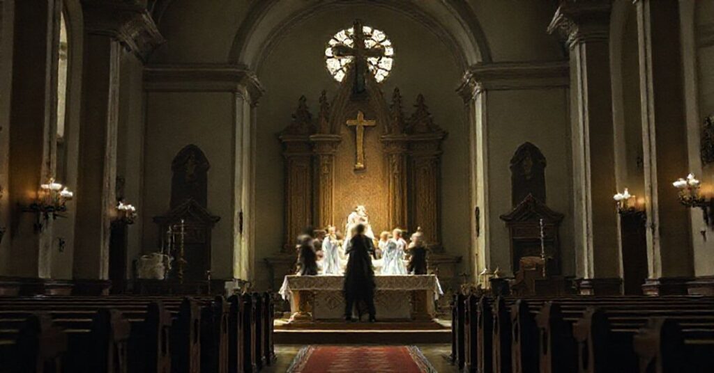 Wewnątrz tradycyjnego kościoła katolickiego z profanowanym ołtarzem podczas kontrowersyjnego spektaklu teatralnego.