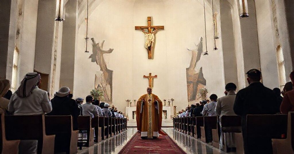 Obraz przedstawiający nowoczesny kościół w Bahrajnie ogłoszony sanktuarium bez tradycyjnych katolickich elementów, symbolizujący synkretyzm i profanację kultu w neomodernistycznej herezji.