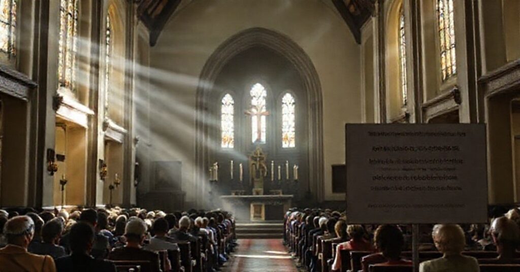 Wnętrze tradycyjnego kościoła katolickiego z modlącymi się wiernymi i ołtarzem, kontrastujące z zapowiedzią profanacyjnej wystawy sztuki