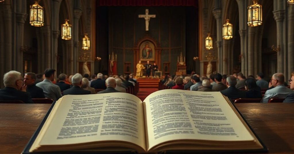 Wnętrze kościoła z sceną teatralną przedstawiającą inscenizację "Wyznania" św. Augustyna podczas wydarzenia Verba Sacra. Na scenie stoi aktor czytający fragmenty z nowoczesnego przekładu, podczas gdy tradycyjne księgi leżą zaniedbane.