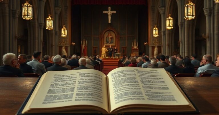 Wnętrze kościoła z sceną teatralną przedstawiającą inscenizację "Wyznania" św. Augustyna podczas wydarzenia Verba Sacra. Na scenie stoi aktor czytający fragmenty z nowoczesnego przekładu, podczas gdy tradycyjne księgi leżą zaniedbane.