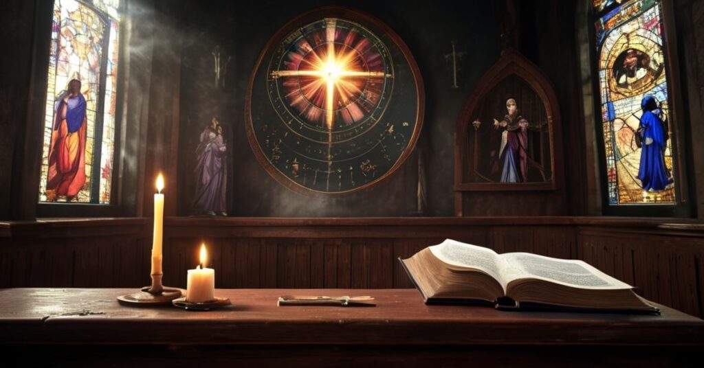 Stary kościół z mapą astronomiczną przedstawiającą dwie planetoidy na ławce kościelnej przy świecach i otwartym Księdze Objawienia