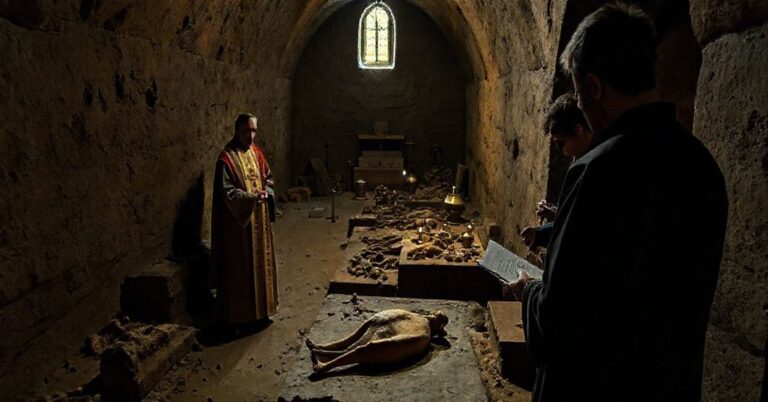 Solemne wnętrze krypty w katedrze tarnowskiej z reliktami i naczyniami liturgicznymi traktowanymi bez szacunku przez archeologów.