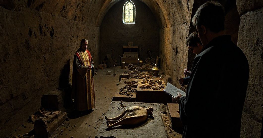 Solemne wnętrze krypty w katedrze tarnowskiej z reliktami i naczyniami liturgicznymi traktowanymi bez szacunku przez archeologów.