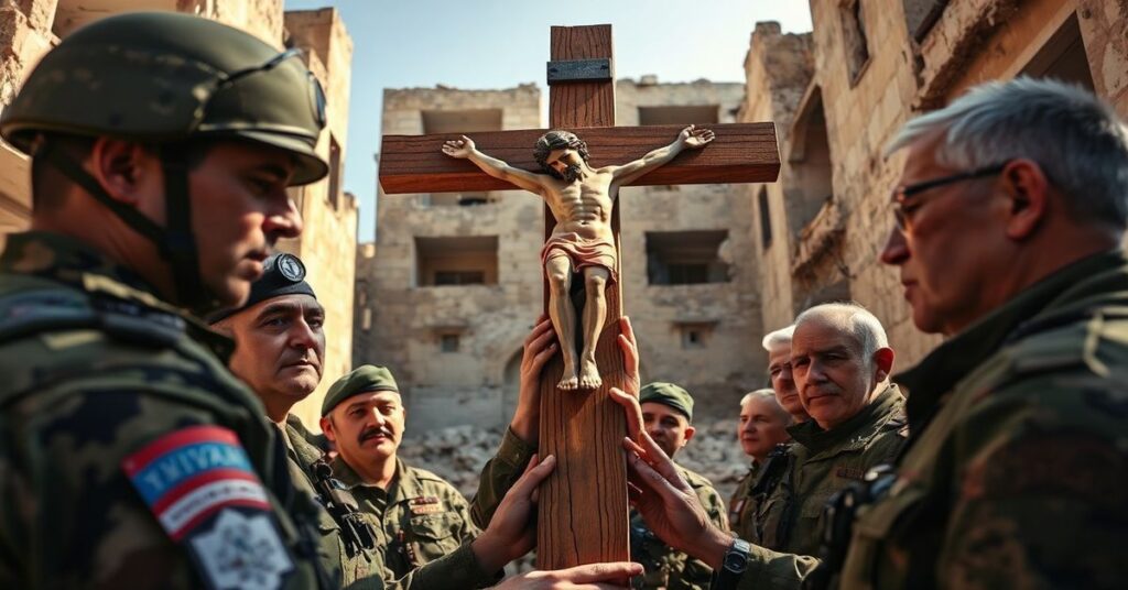 Wojskowe i cywilne osoby pomagają zainstalować nowy krzyż w Debel w Libanie po profanacji przez izraelskich żołnierzy.