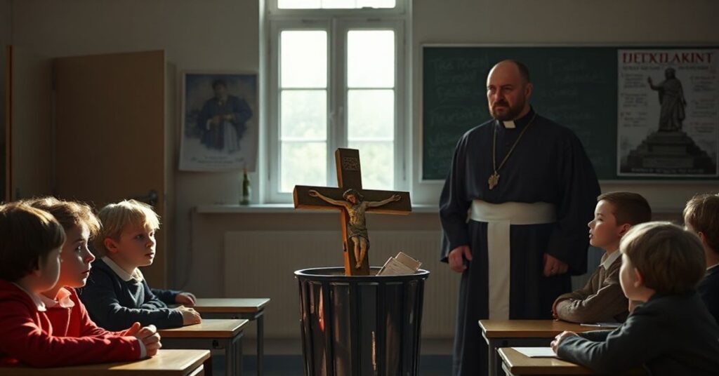 Ciemny obraz przedstawiający profanację krzyża w szkole z tradycyjnym księdzem broniącym wiary