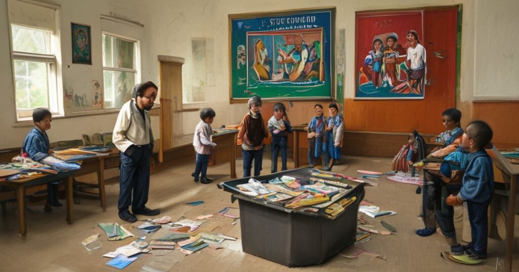 Pokrzywdzona klasa szkolna w Kielcach z wyrzuconym krzyżem w koszu na śmieci.