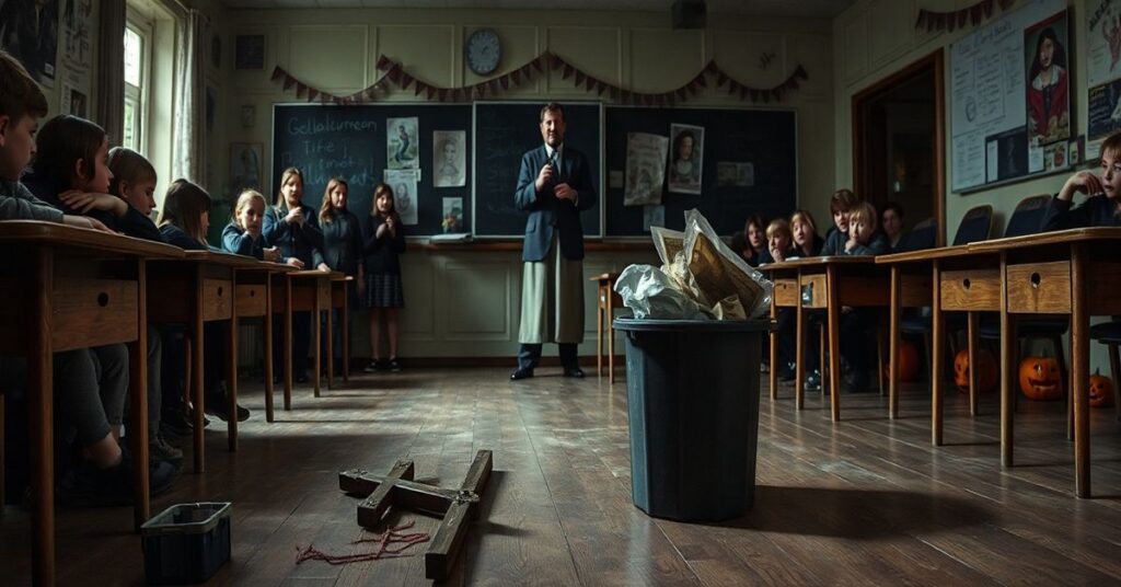 Nauczycielka w szkole w Kielnie trzyma krzyż nad koszem na śmieci z pogardliwym uśmiechem, podczas gdy przerażeni uczniowie patrzą na profanację symbolu wiary.