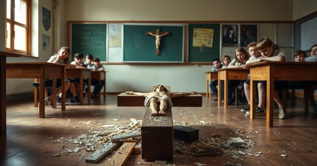 Nauczycielka wyrzuca krzyż ze ściany podczas lekcji w szkole podstawowej w Kielcach. Uczniowie są w szoku, widząc profanację symbolu Chrystusa.