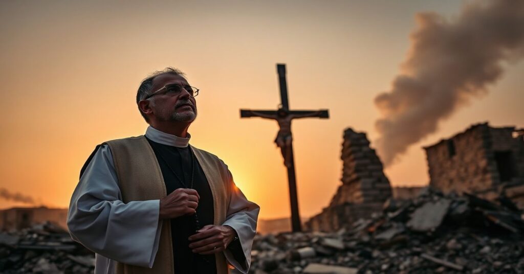 Ksiądz katolicki w tradycyjnych szatach stoi przy zniszczonym krucyfiksie w libańskim wsie