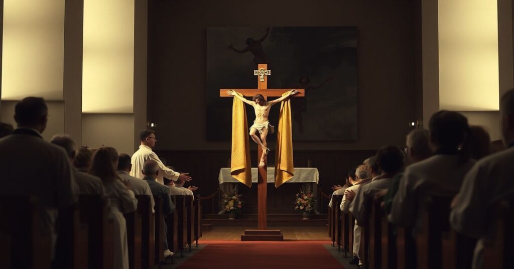 Scena liturgiczna z katolickiego punktu widzenia sedevacantistowskiego przedstawiająca krzyż jako wieszak na stuły. W tle modernistyczny wnętrze kościoła.