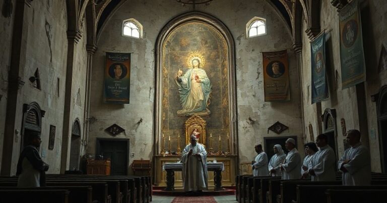 Wydaje się kościół w Manamie (Bahrajn), przedstawiony jako "sanktuarium" Najświętszego Serca Jezusowego. Scena podkreśla profanację katolickiej pobożności przez synkretyzm religijny.