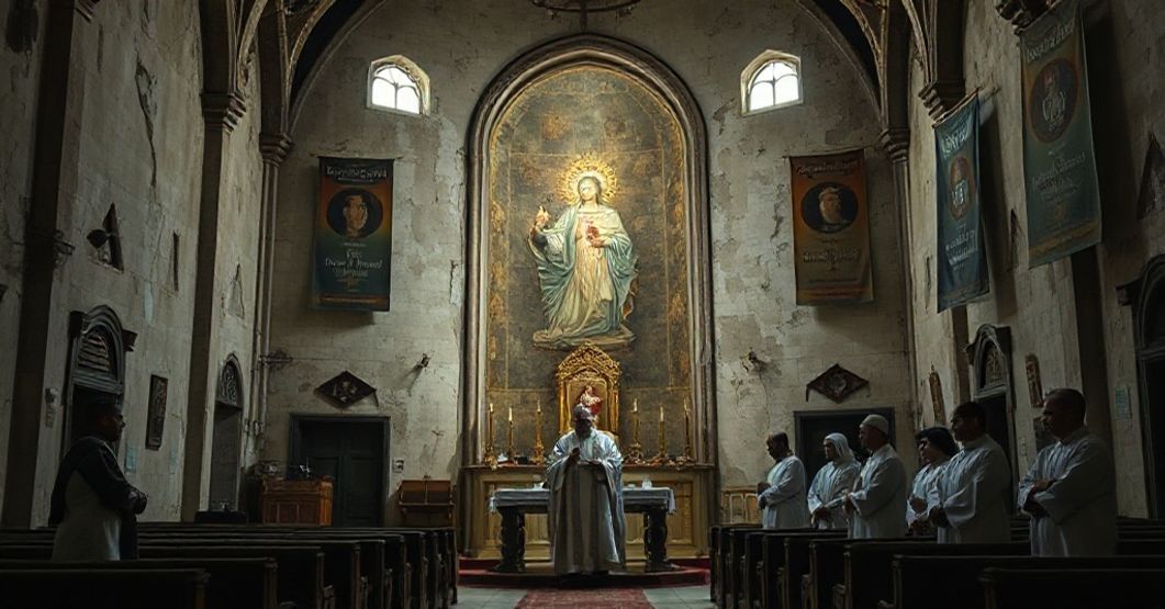 Wydaje się kościół w Manamie (Bahrajn), przedstawiony jako "sanktuarium" Najświętszego Serca Jezusowego. Scena podkreśla profanację katolickiej pobożności przez synkretyzm religijny.