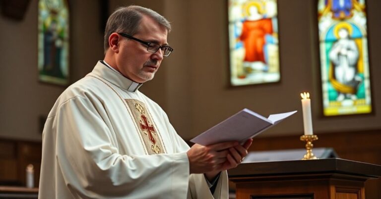 Kleryk w tradycyjnych szatach liturgicznych trzyma hostię przed ołtarzem, wyrażając głęboką troskę o profanację liturgii przez eksperymenty kaszubskie i hostie bezglutenowe.